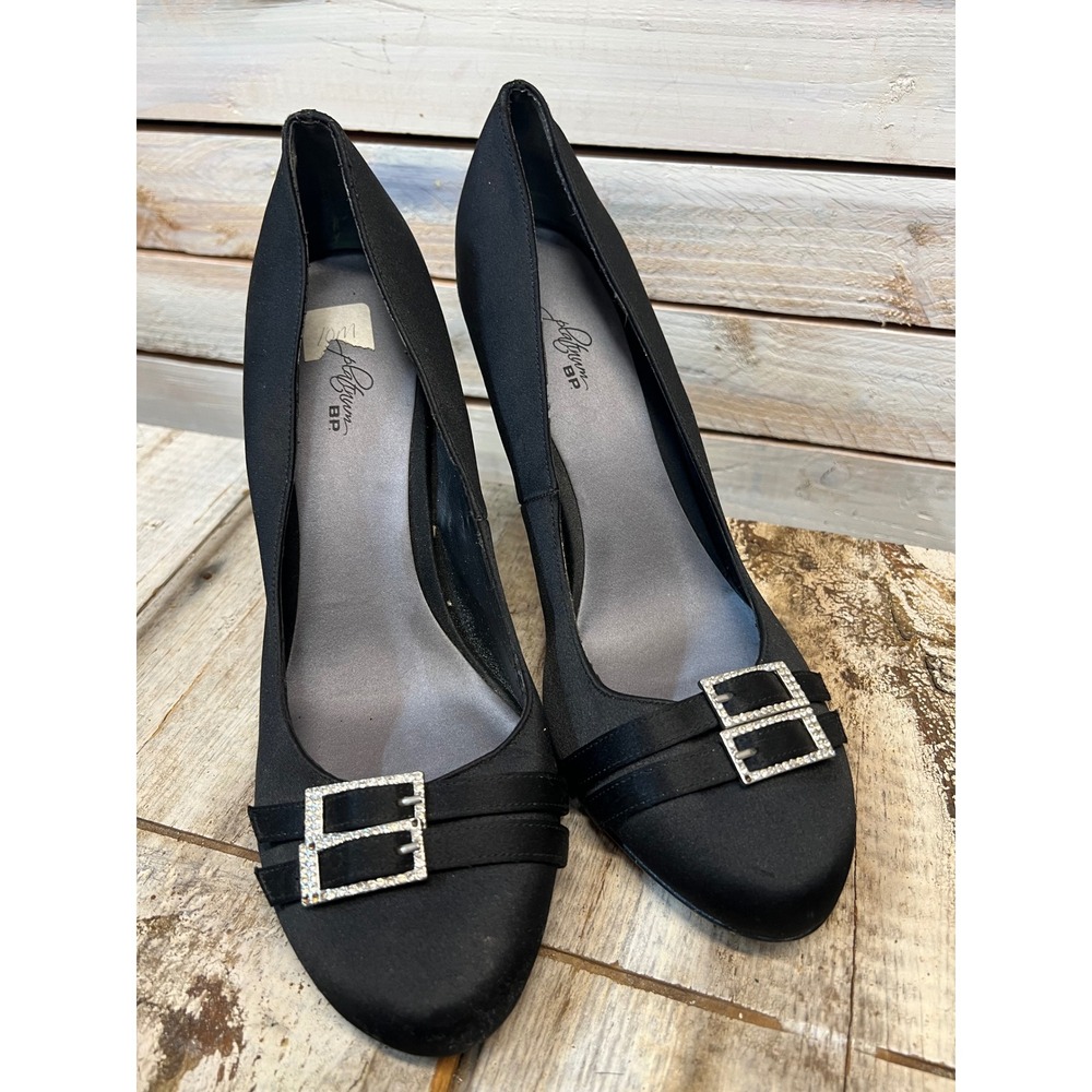 Vintage Nordstrom Platinum BP Black Satin Rhinestone Buckle Pumps Heels Party 10